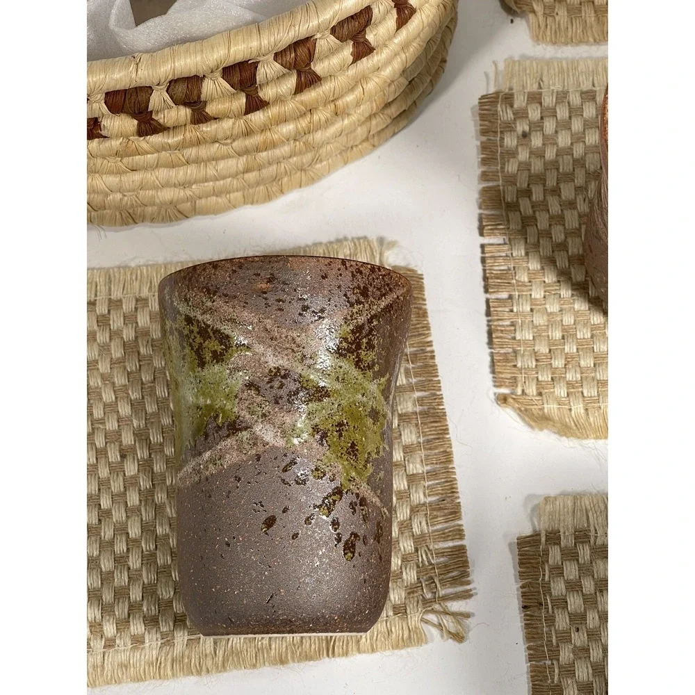 Asian Tea Sewing Basket + 5 Handmade Stoneware Teacups + Coasters vintage unique